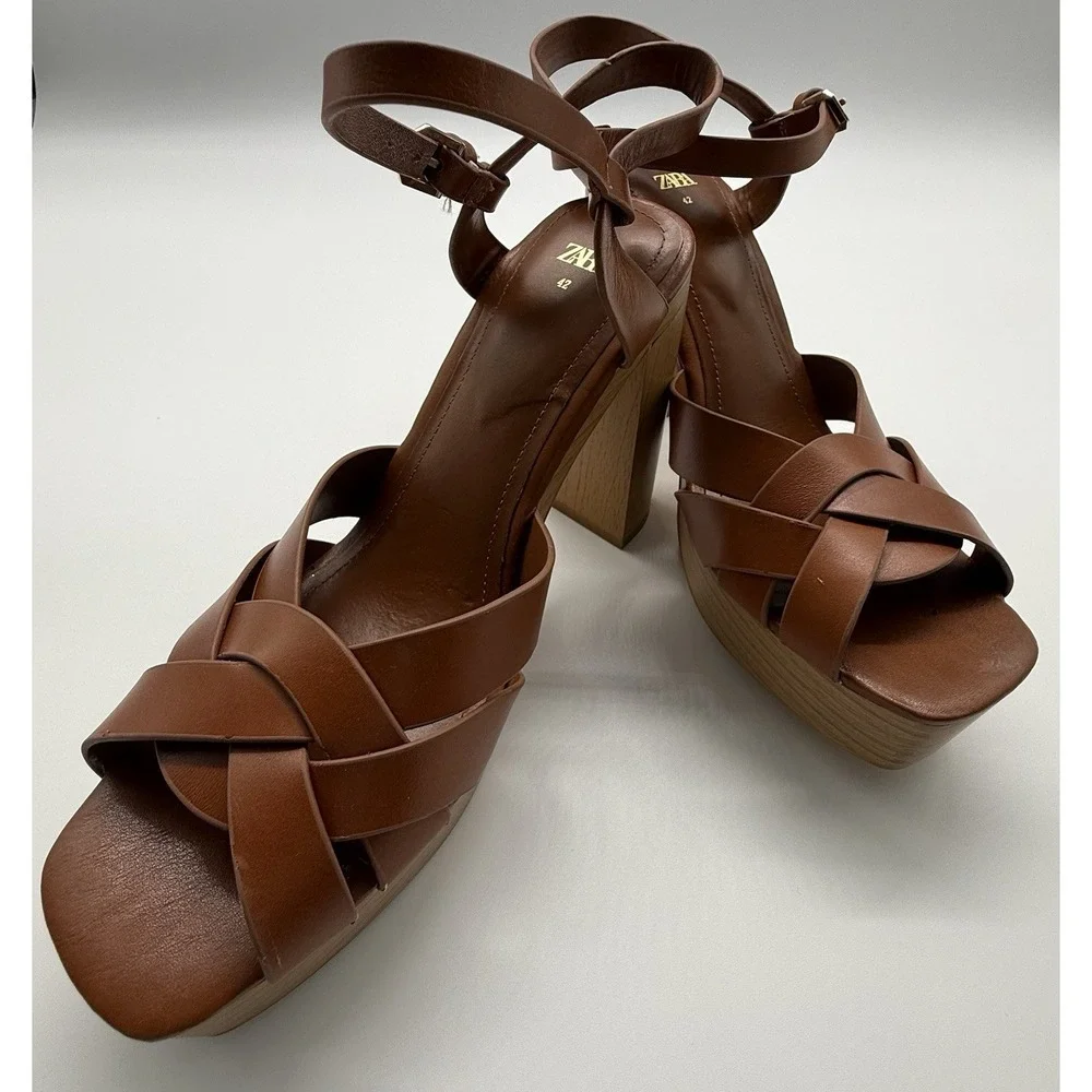 Zara Leather Platform retro chunky Strappy Wooden Heeled Sandals Size 10 - Picture 1 of 15